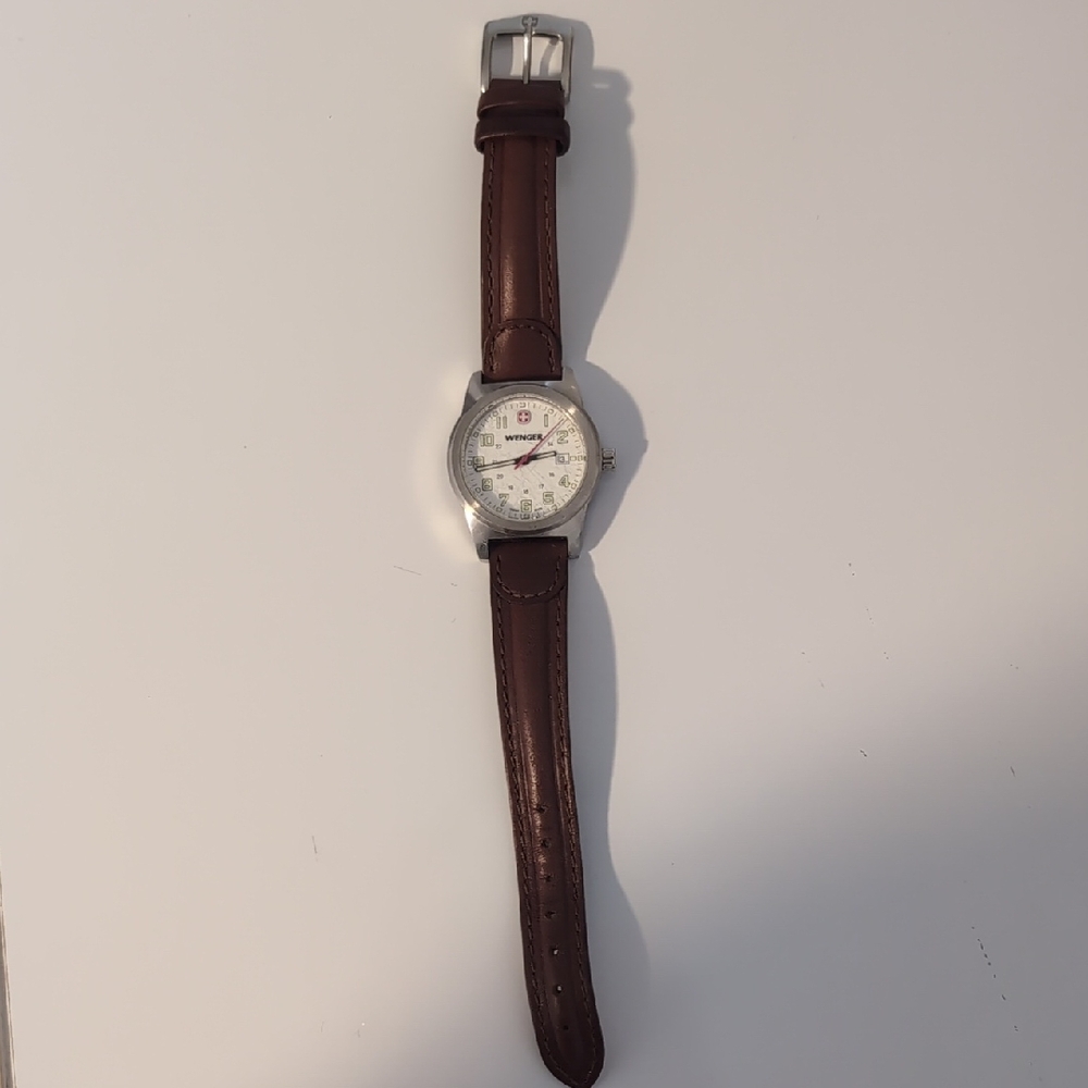 Wenger White Dial Watch with Brown Leather Strap